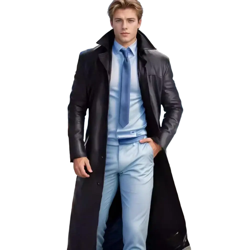 Black leather long trench coat for men gothic style long leather jackets with durable material and sleek design