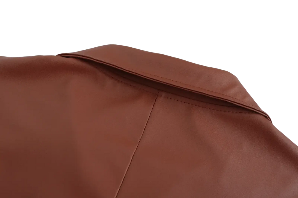 Brown faux leather collar with neat stitching on long leather jackets goth trench coat for men