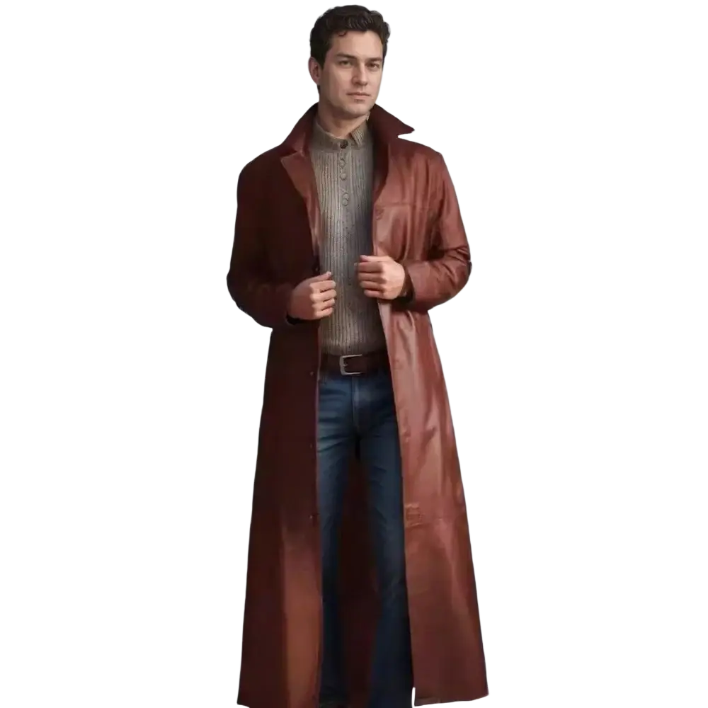A rich burgundy long leather trench coat for men with a classic collar and front closure in leather jackets style