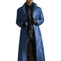 A sleek royal blue leather trench coat with buttoned front and classic collar from long leather jackets goth trench coat men
