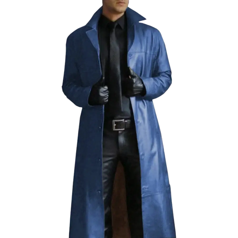 A sleek royal blue leather trench coat with buttoned front and classic collar from long leather jackets goth trench coat men