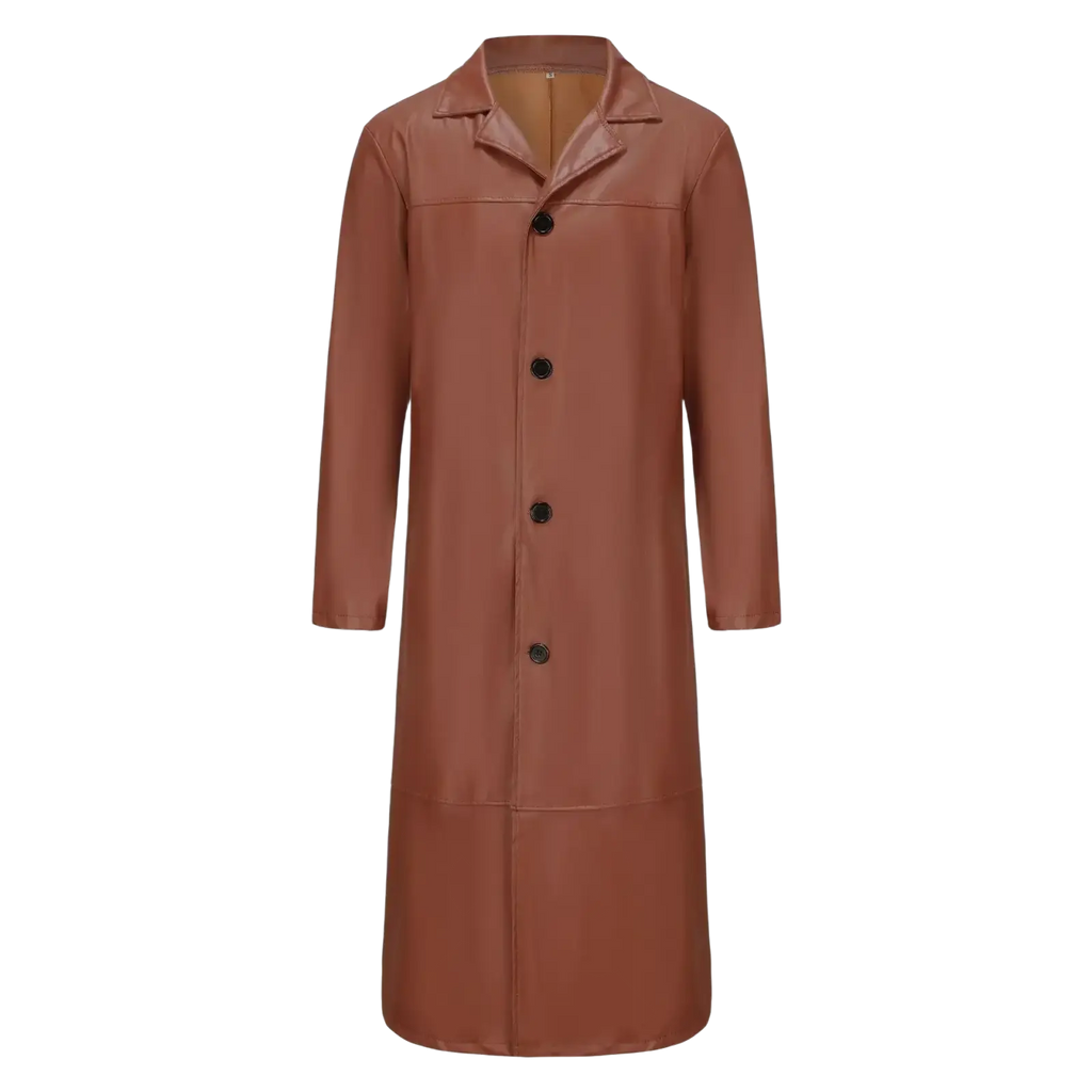 A sleek rust-colored faux leather goth trench coat for men featuring classic collar and black buttons from long leather jackets