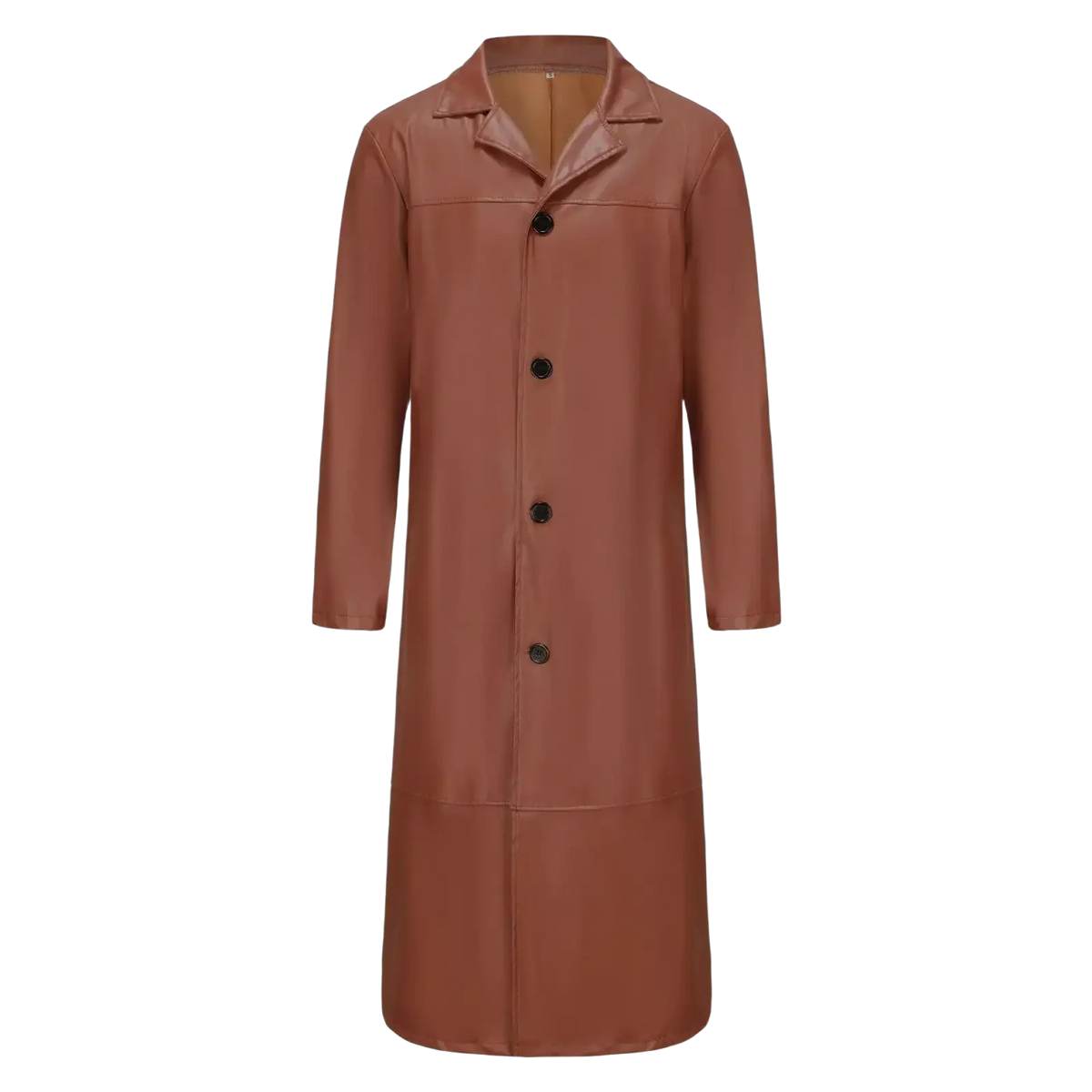 A sleek rust-colored faux leather goth trench coat for men featuring classic collar and black buttons from long leather jackets