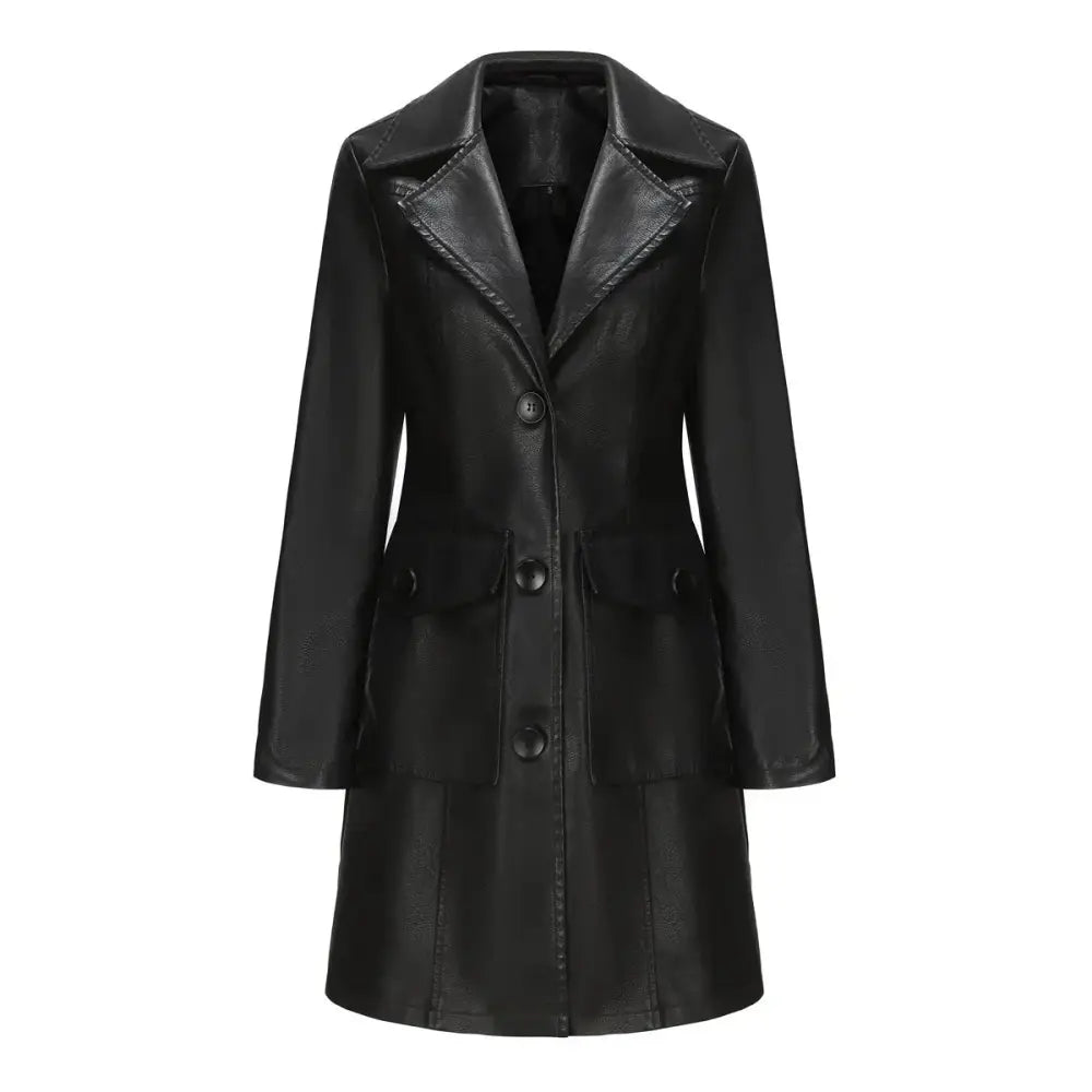 Women’s black double breasted long faux leather trench coat with structured collar and front button closure