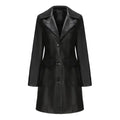 Women’s black double breasted long faux leather trench coat with structured collar and front button closure