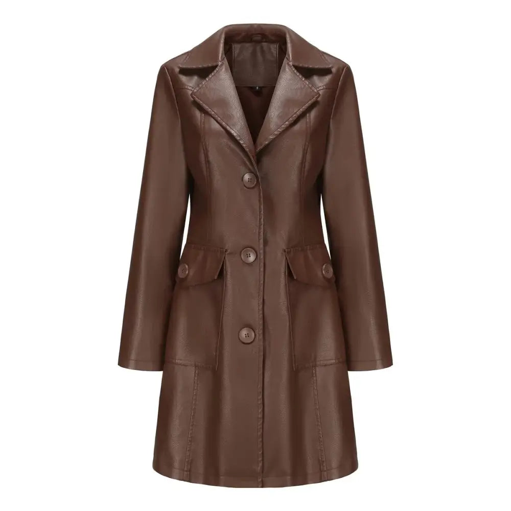 Brown faux leather trench coat for women with a double breasted front button closure and classic collar