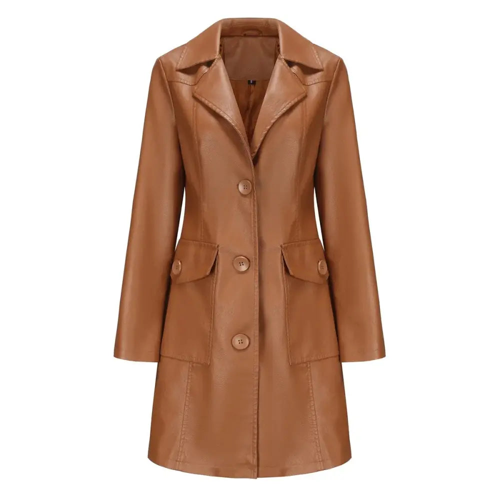 A tan double breasted long faux leather trench coat with classic collar three front buttons and large flap pockets for women