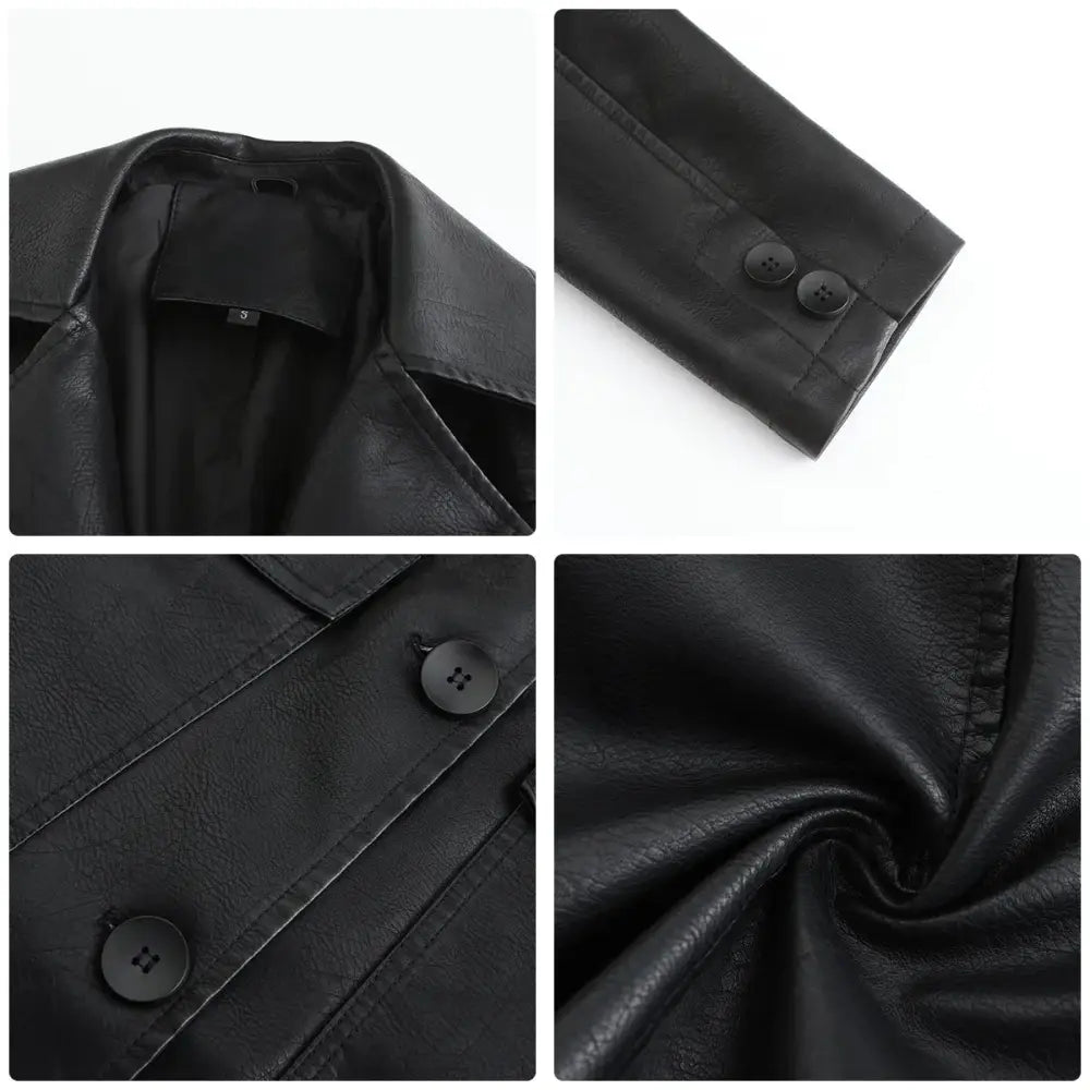 Women’s double breasted long faux leather trench coat in black with a sleek matte finish and matching black buttons