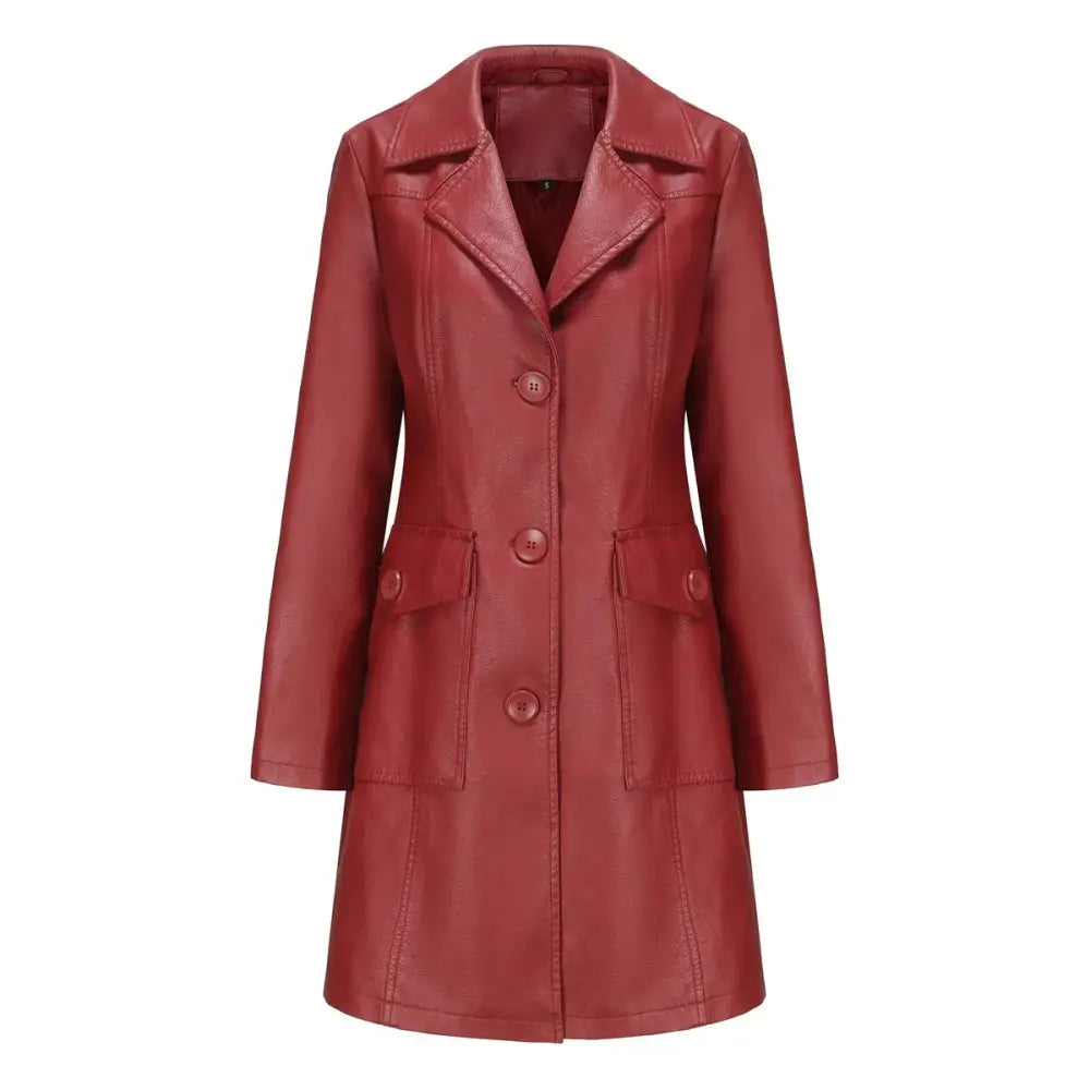 A stylish women’s double breasted long red faux leather trench coat with classic collar and front button closure