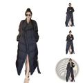 Black long quilted cotton puffer coat with high collar and front slit for cold weather wear