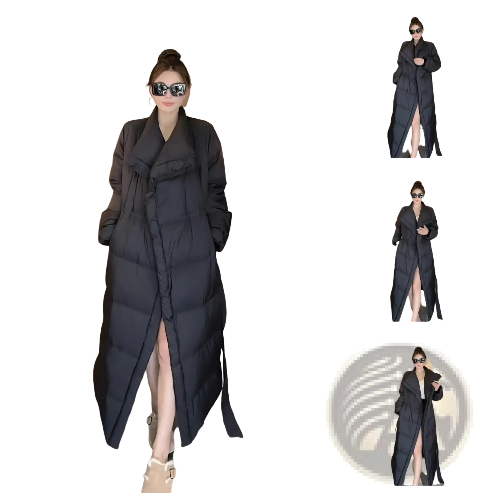 Black long quilted cotton puffer coat with high collar and front slit for cold weather wear