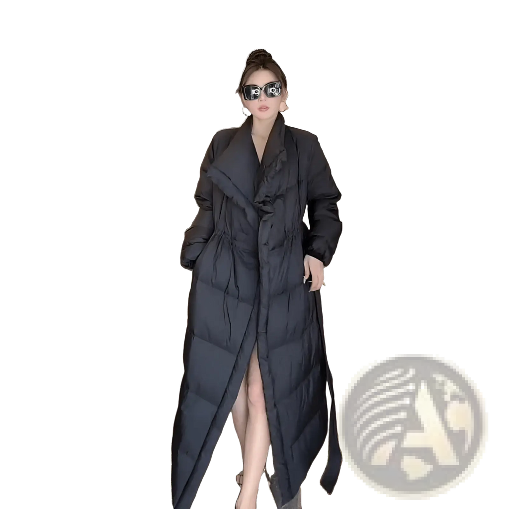 Black longline quilted cotton puffer coat with belted waist and high slit for stylish cold weather wear