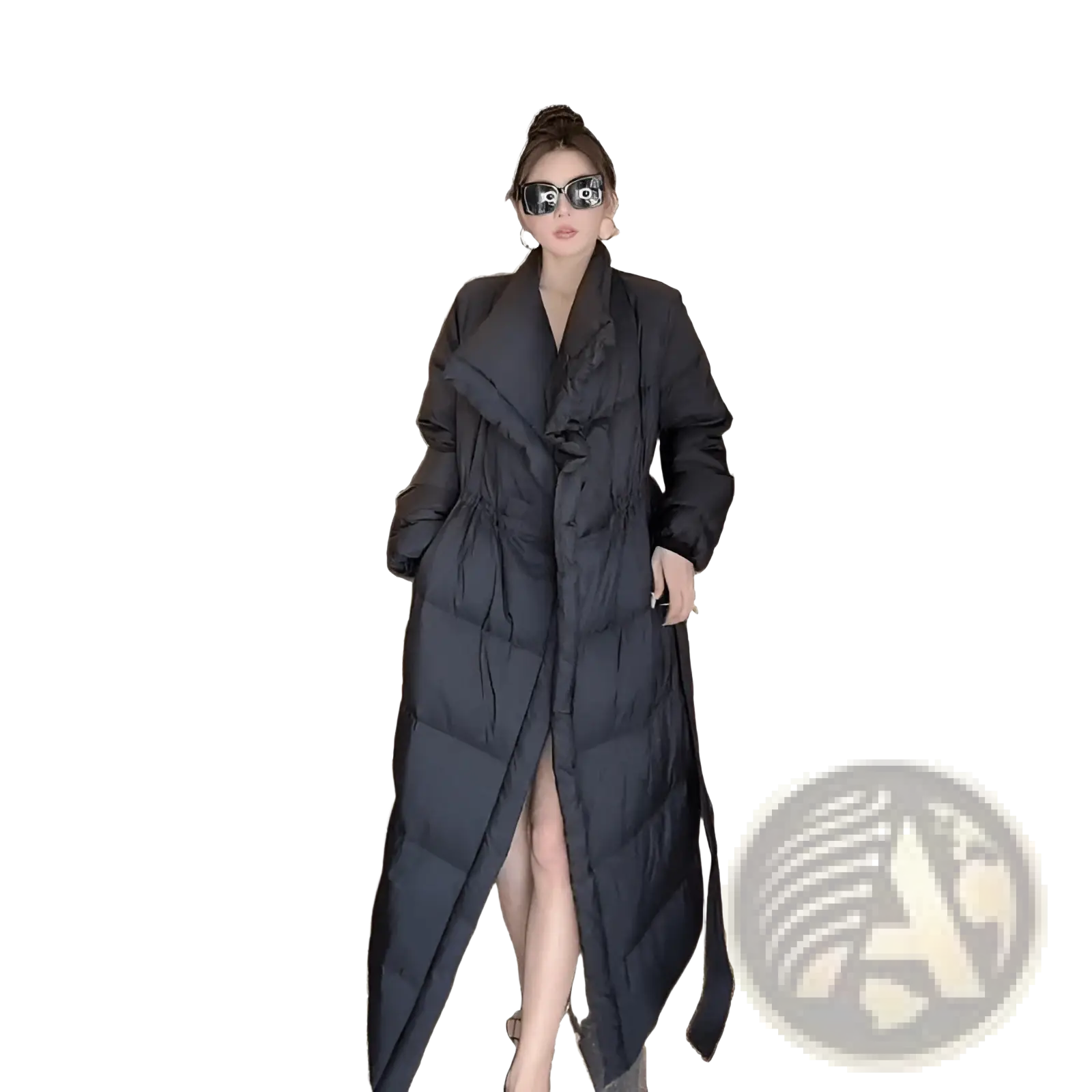 Black longline quilted cotton puffer coat with belted waist and high slit for stylish cold weather wear