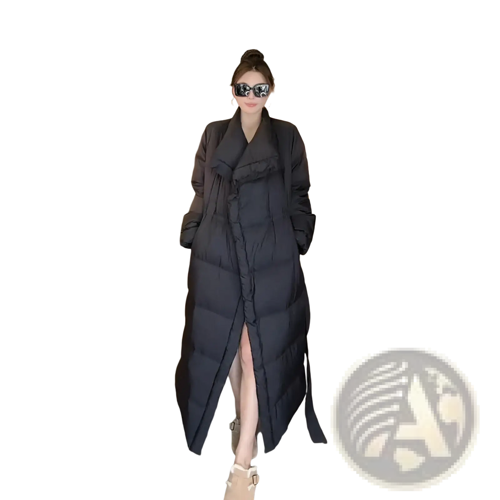 Black long puffer coat quilted cotton jacket with high collar and front slit for cold weather wear