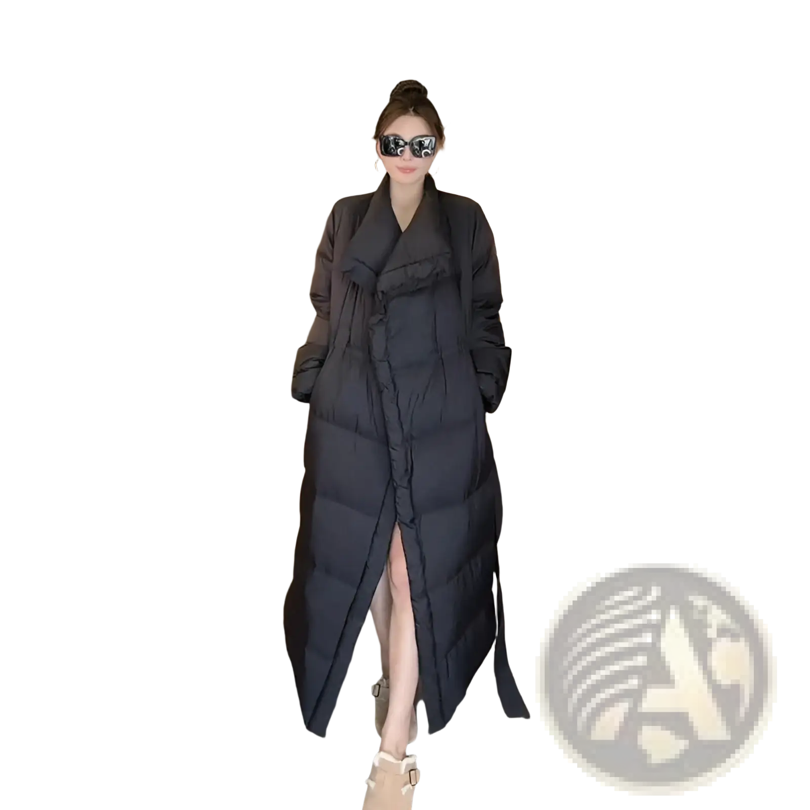 Black long puffer coat quilted cotton jacket with high collar and front slit for cold weather wear