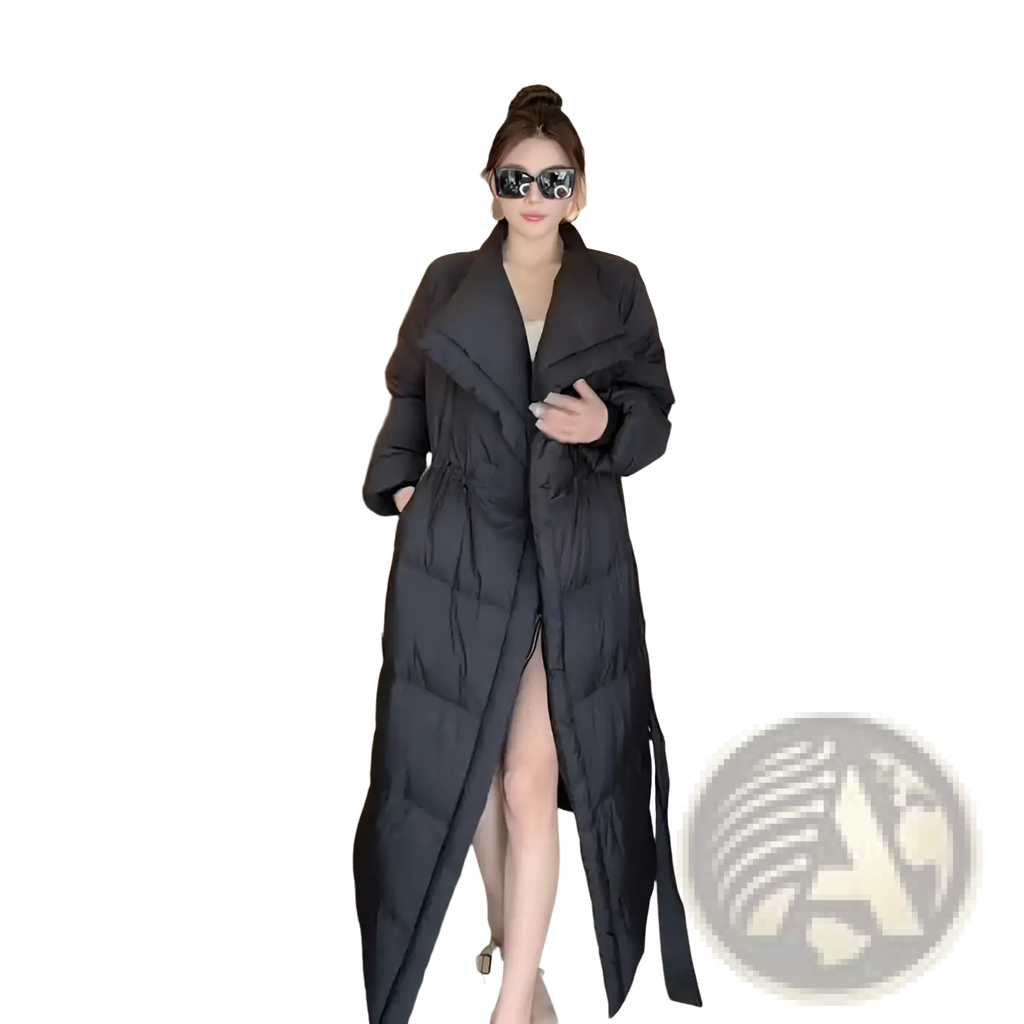 Black longline quilted cotton puffer coat with high collar and side slit for warmth and style
