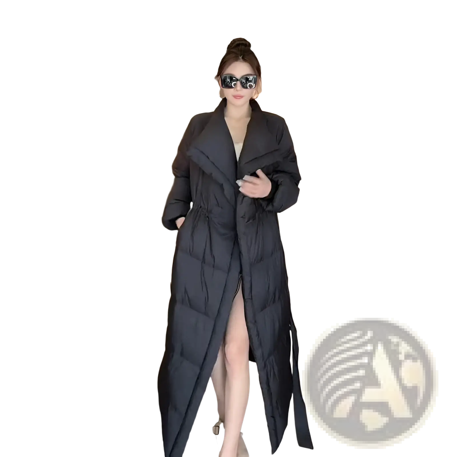 Black longline quilted cotton puffer coat with high collar and side slit for warmth and style