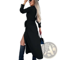 Black long sleeve belted maxi cardigan dress with waist tie high slit and buttoned cuffs in wrap style