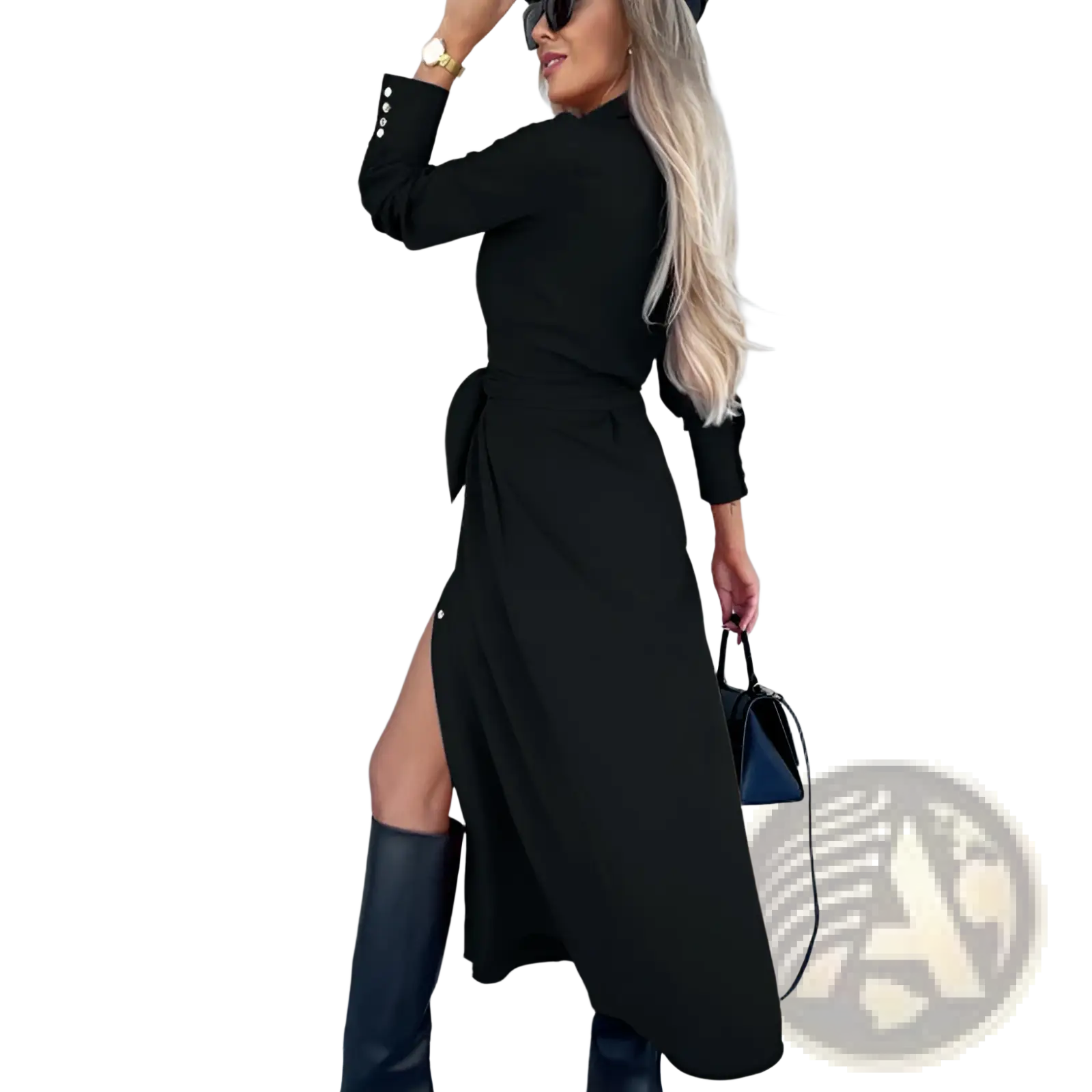 Black long sleeve belted maxi cardigan dress with waist tie high slit and buttoned cuffs in wrap style