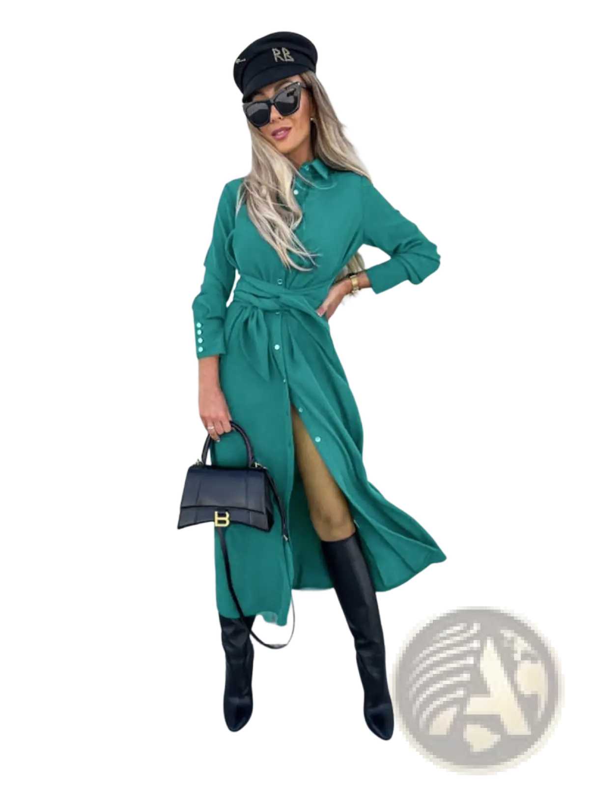 Black leather handbag with gold-tone b logo paired with long sleeve belted maxi cardigan dress with waist tie