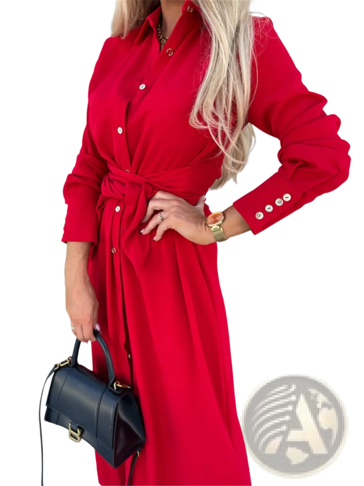 A vibrant red long sleeve belted maxi cardigan dress with a cinched waist and gold-tone buttons