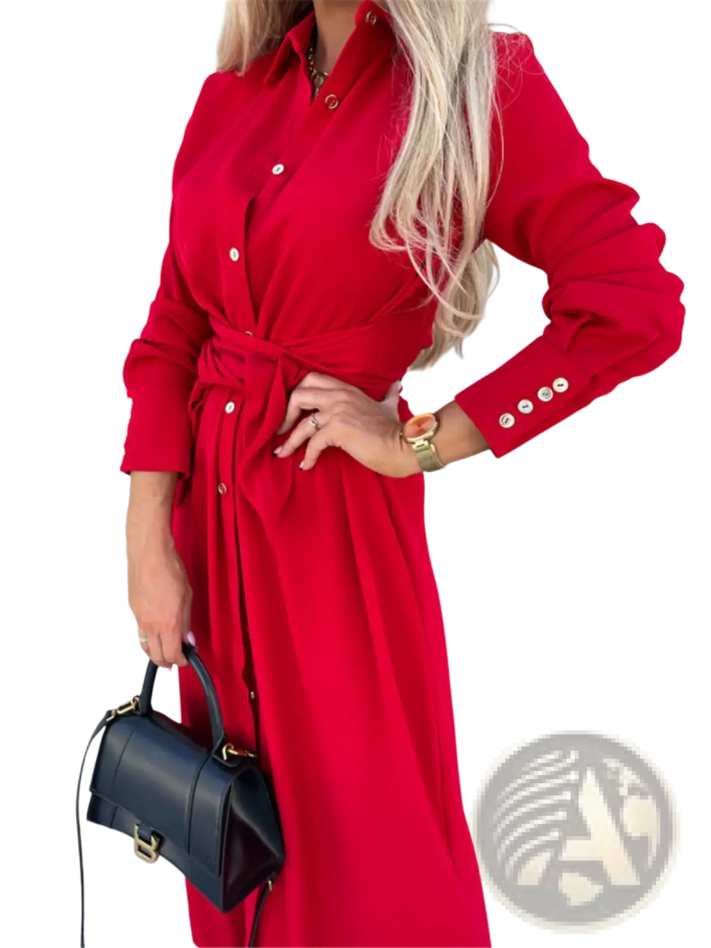 A vibrant red long sleeve belted maxi cardigan dress with a cinched waist and gold-tone buttons