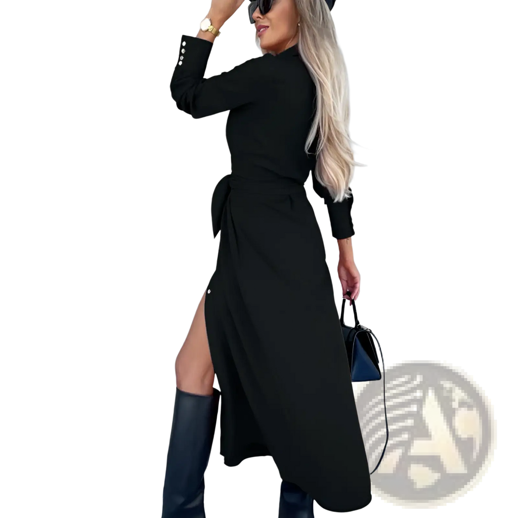 Black long sleeve belted maxi cardigan dress with waist tie high slit and buttoned cuffs made of soft fabric