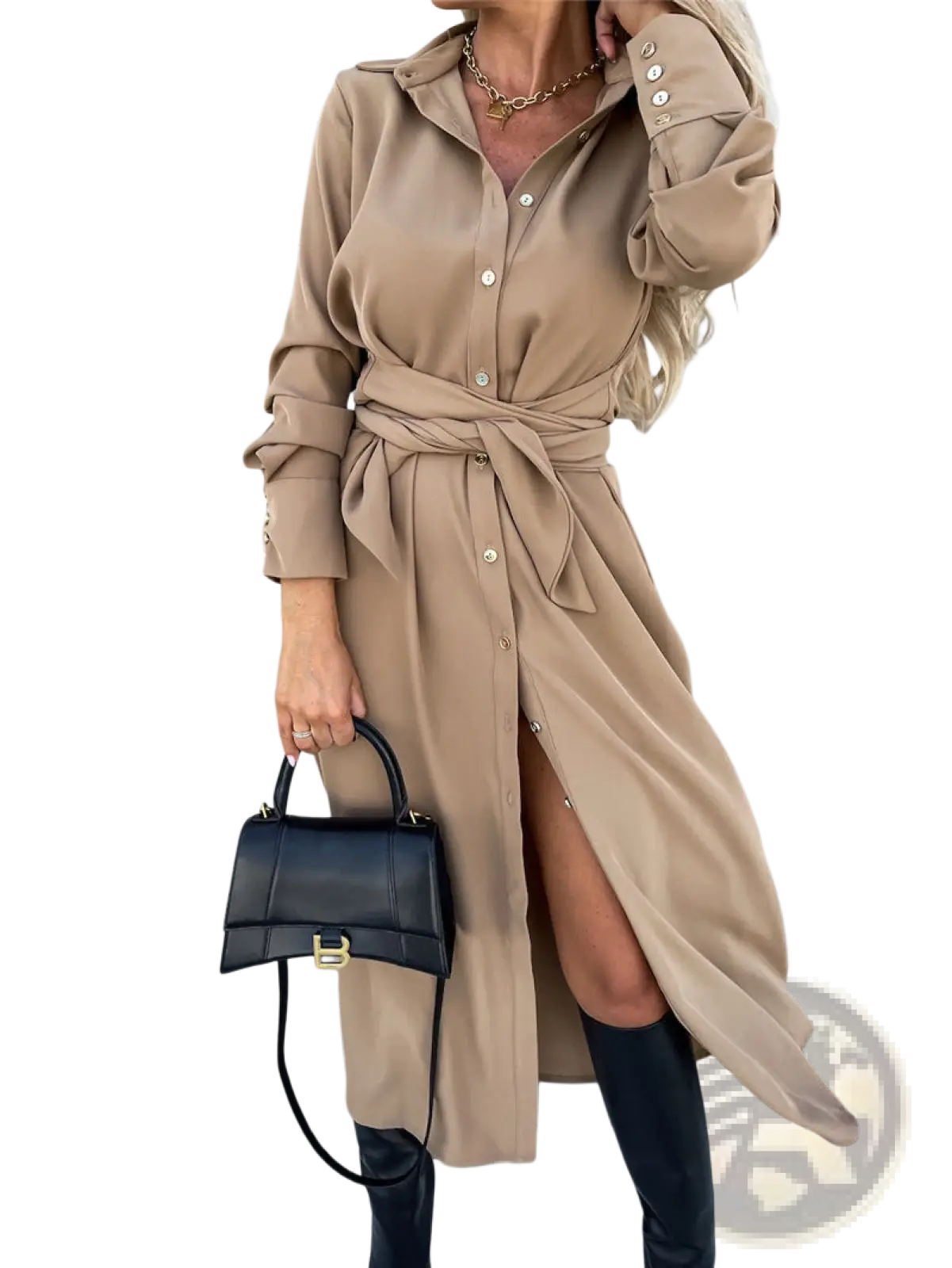 Black leather handbag with gold tone hardware and structured rectangular shape paired with long sleeve belted maxi cardigan dress with waist tie