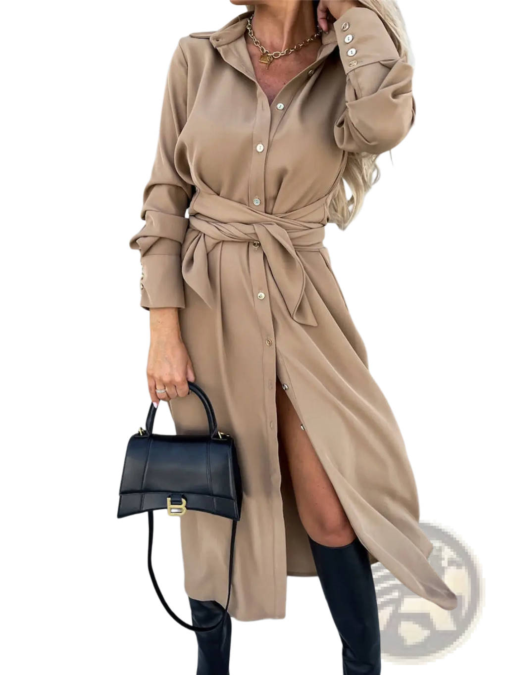 Black leather handbag with gold tone hardware and structured rectangular shape paired with long sleeve belted maxi cardigan dress with waist tie