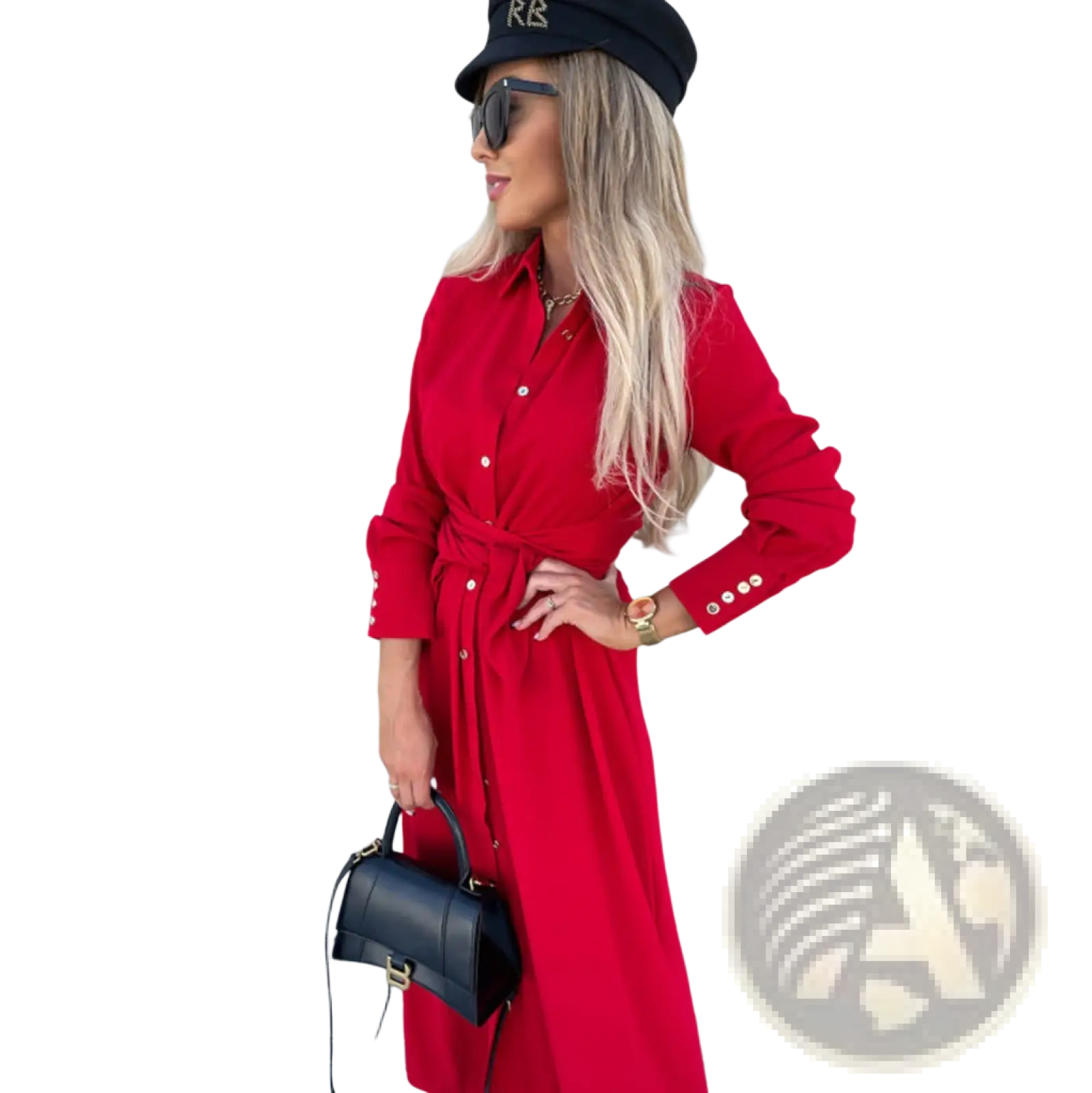 A vibrant red long sleeve belted maxi cardigan dress with gold-toned buttons and waist tie detail