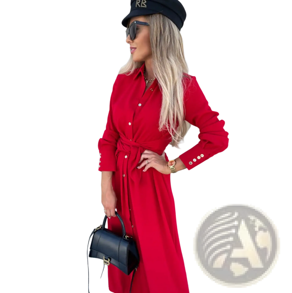 A vibrant red long sleeve belted maxi cardigan dress with gold-toned buttons and waist tie detail