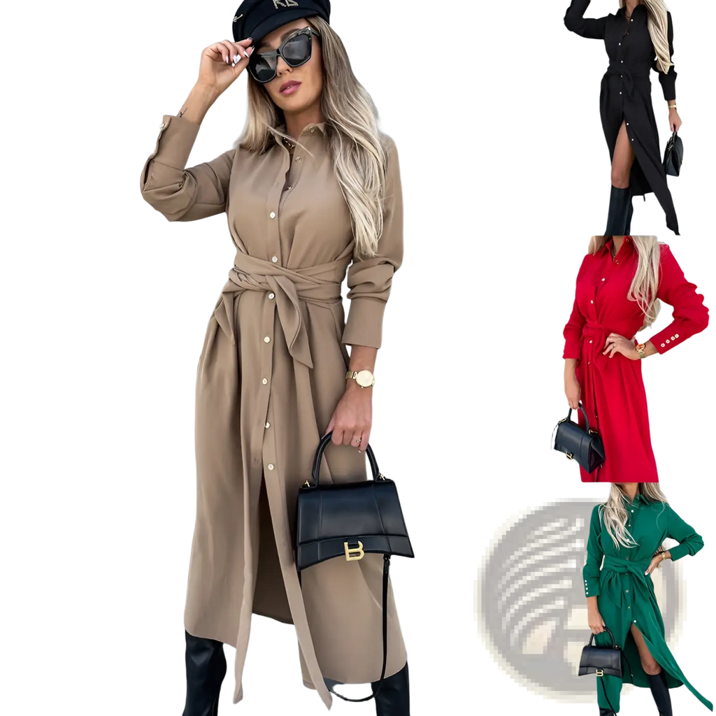 Beige long sleeve belted maxi cardigan dress with waist tie button-up front and side slit in soft fabric