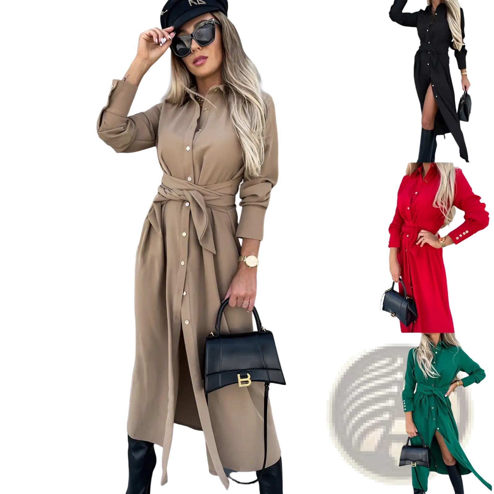 Beige long sleeve belted maxi cardigan dress with waist tie button-up front and side slit in soft fabric