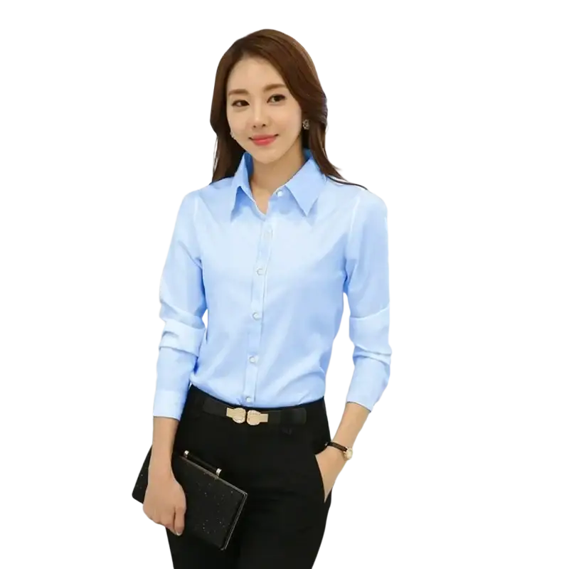 Light blue long sleeve button down blouse with classic collar and pleated cuffs perfect for autumn winter shirt tops