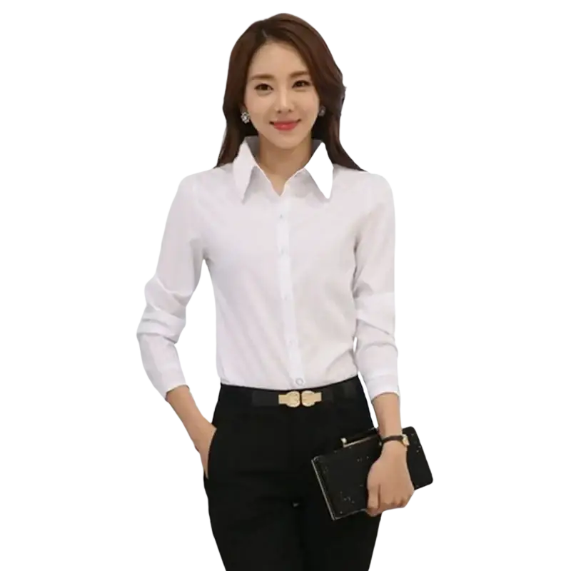 White long sleeve button down blouse with classic collar and subtle texture perfect for autumn winter shirt tops