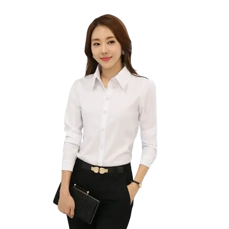 White long sleeve button down blouse with classic collar and tailored fit for autumn winter shirt tops