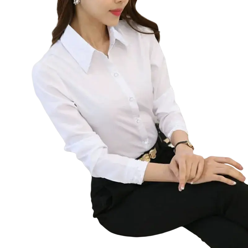 White long sleeve button down blouse with classic collar and pressed fabric ideal for autumn winter shirt tops