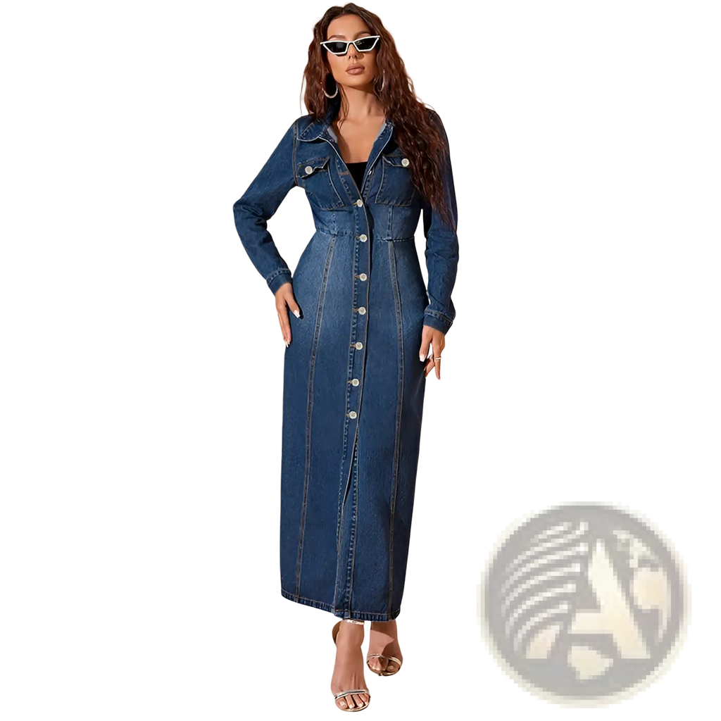 Long sleeve button front denim maxi cardigan dress in dark blue with a fitted silhouette and button-front design