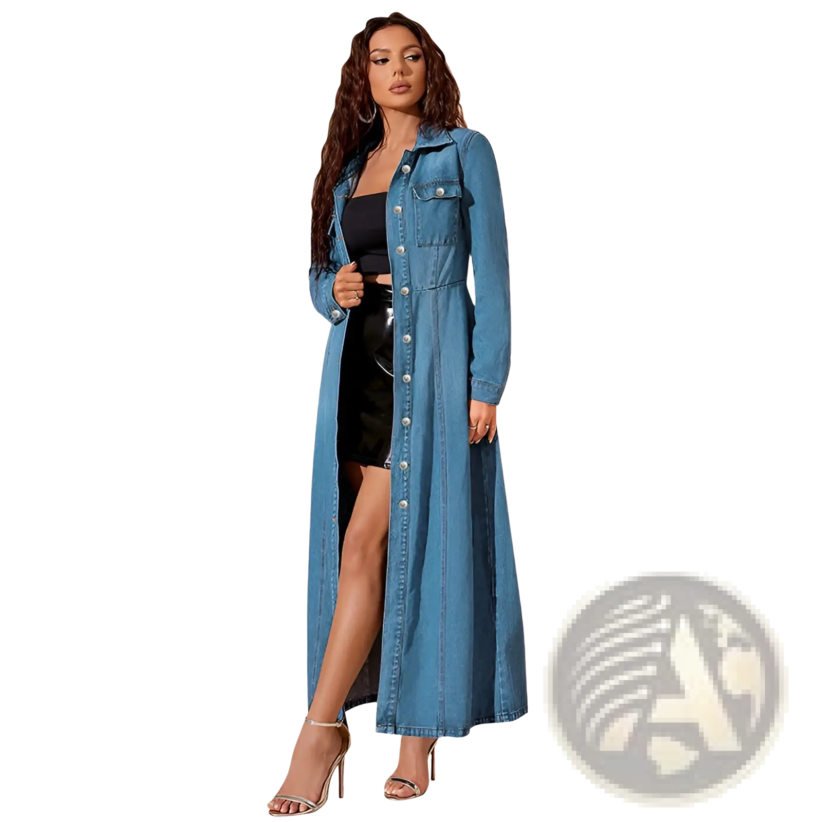 A medium-wash long sleeve button front denim maxi cardigan dress with side slits and a button-front design