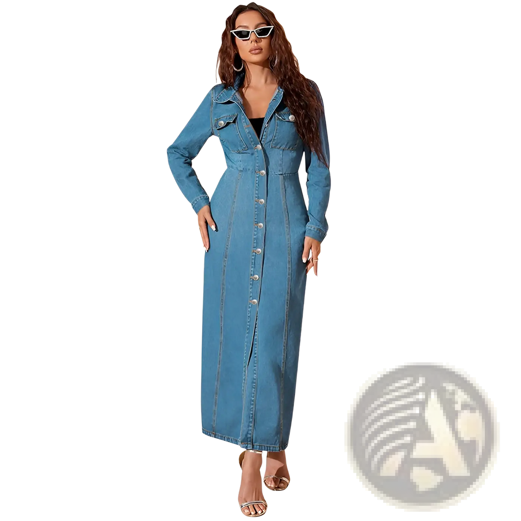 A stylish medium-wash long sleeve button front denim maxi cardigan dress with collar and front buttons