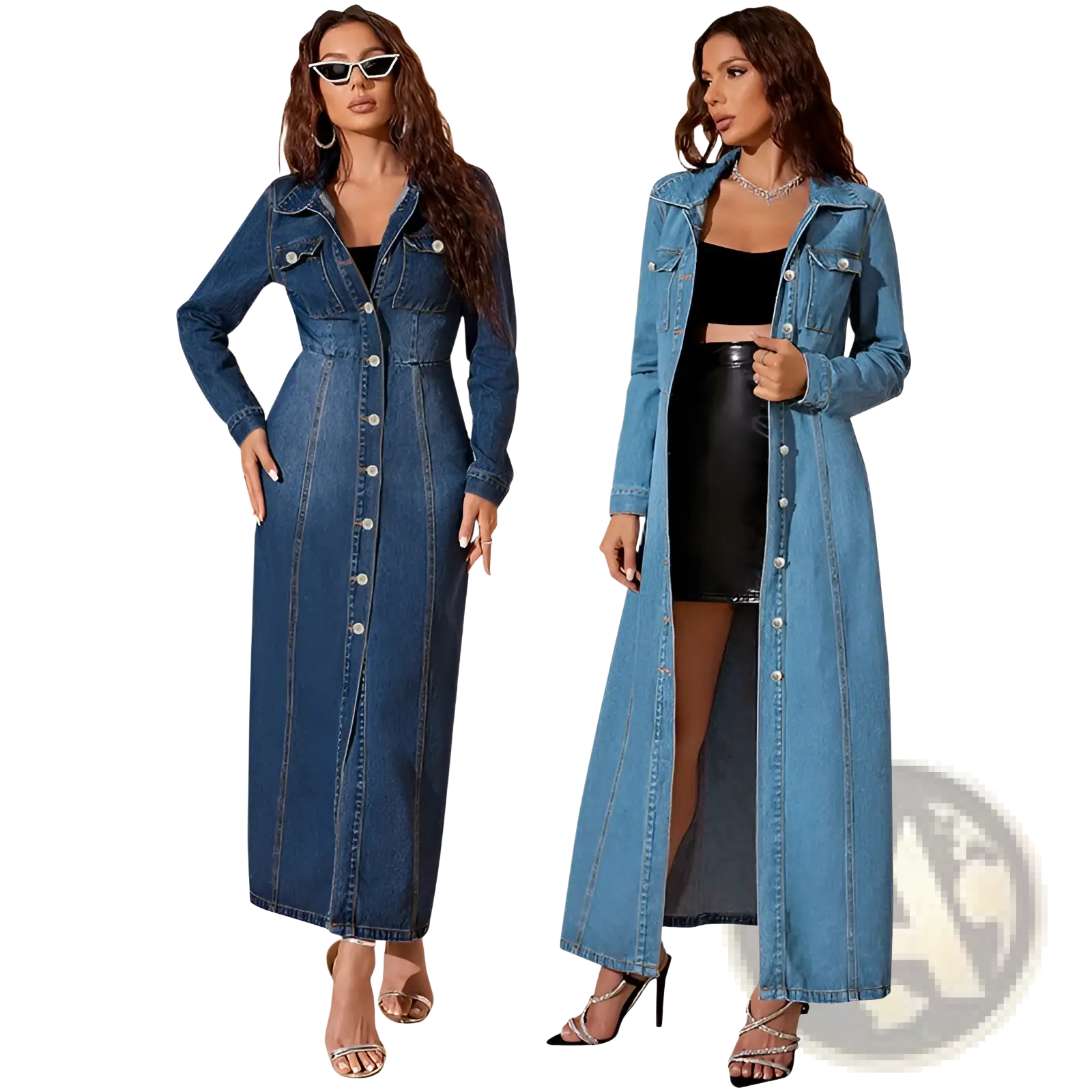 Blue denim long sleeve button front maxi cardigan dress with side slit in durable denim material