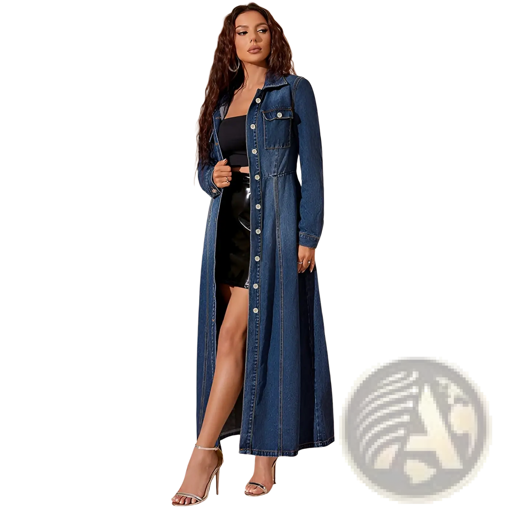 Long sleeve button front denim maxi cardigan dress in dark blue with button-front design and side slits