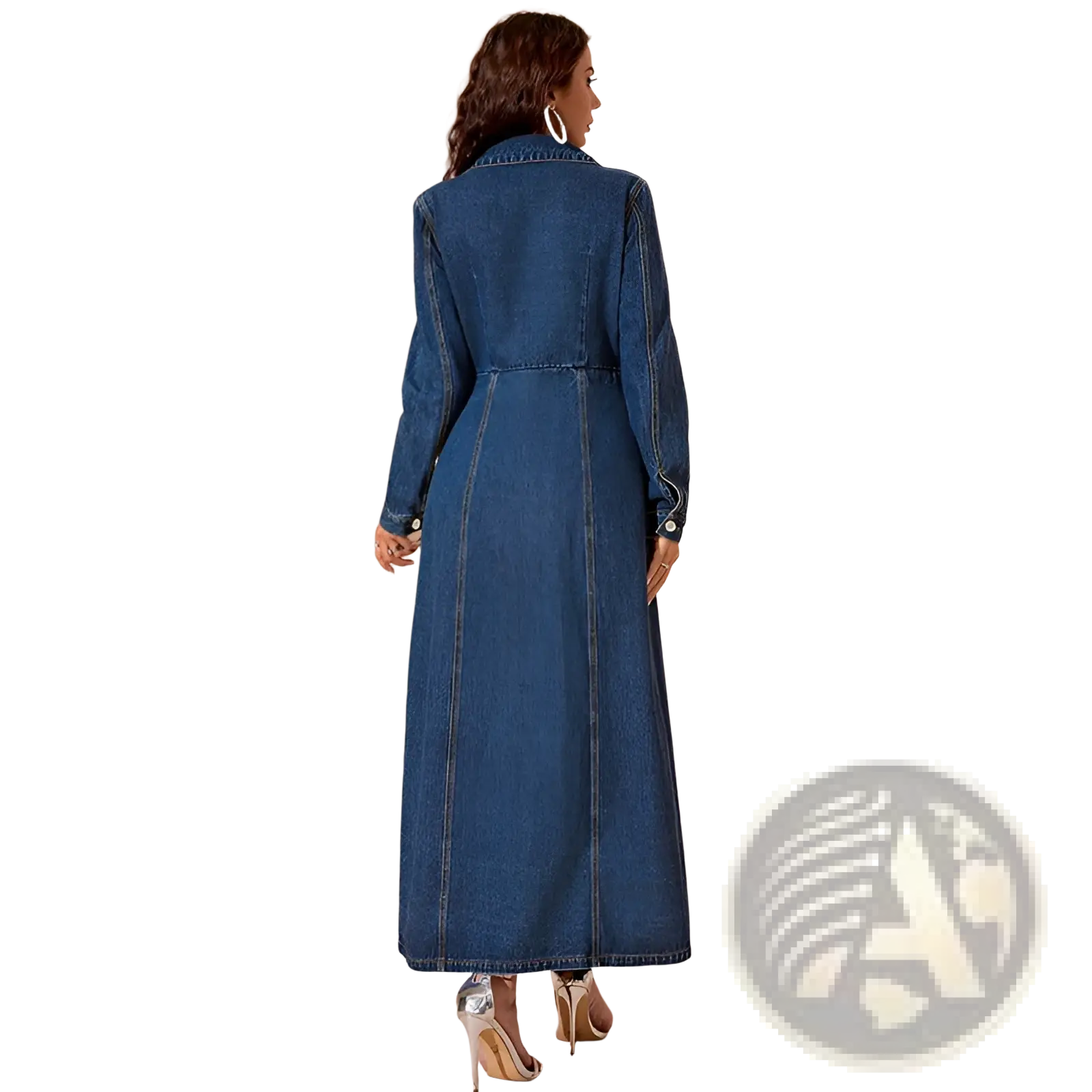 Long sleeve button front denim maxi cardigan dress in dark blue with classic collar and buttoned cuffs made of denim