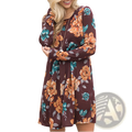 A long sleeve floral a-line high waist midi dress in rich maroon fabric with orange and teal blossoms