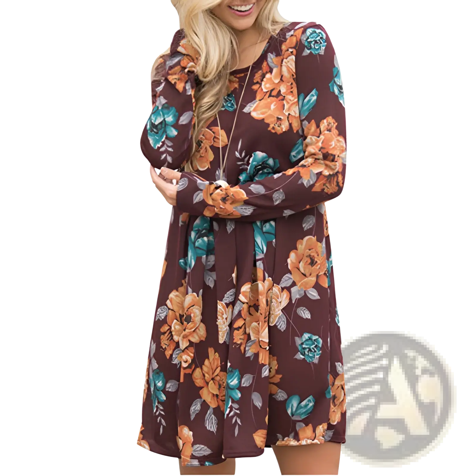 A long sleeve floral a-line high waist midi dress in rich maroon fabric with orange and teal blossoms