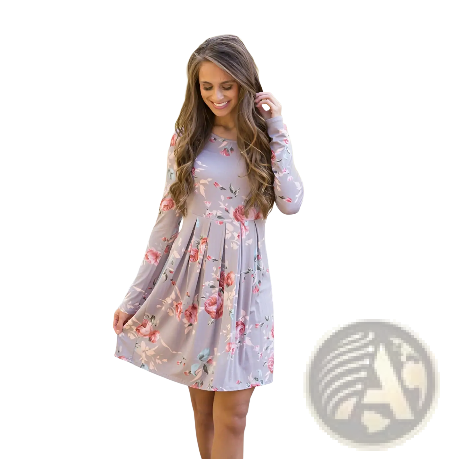 Long sleeve floral A-line high waist midi dress in soft lavender with pink roses and green leaves pattern