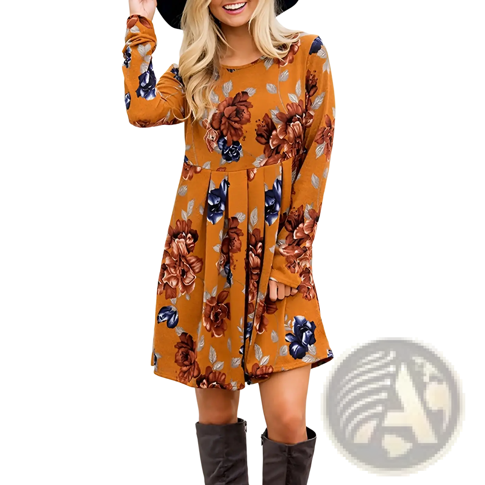 A woman wears a long sleeve floral a line high waist midi dress in orange with brown and navy blossoms