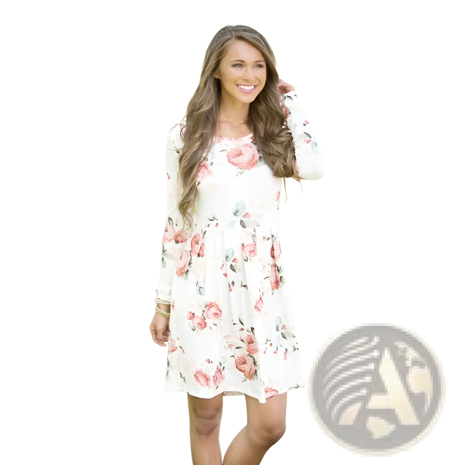 Long sleeve floral a-line high waist midi dress in white with pink and green blossom print suitable for casual wear