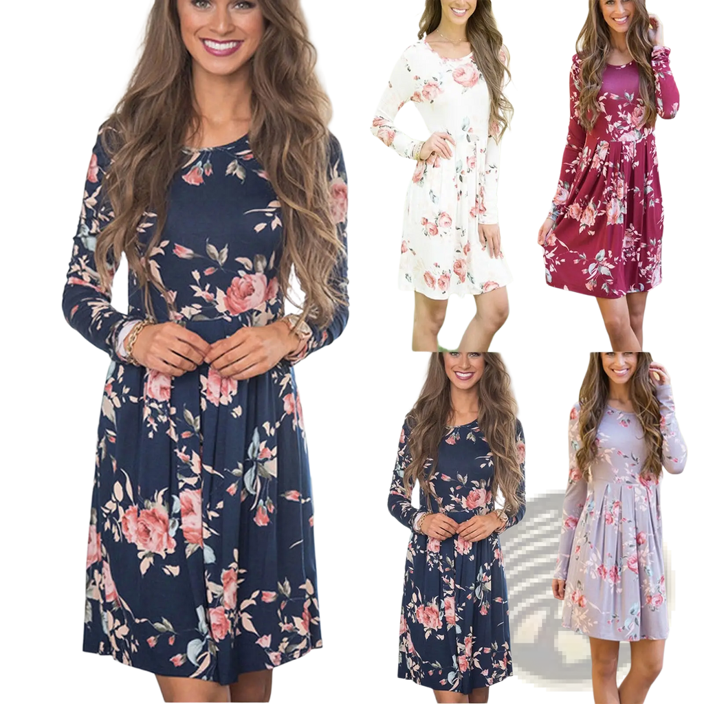 Long sleeve floral a-line high waist midi dress in navy with pink and green rose pattern on lightweight fabric