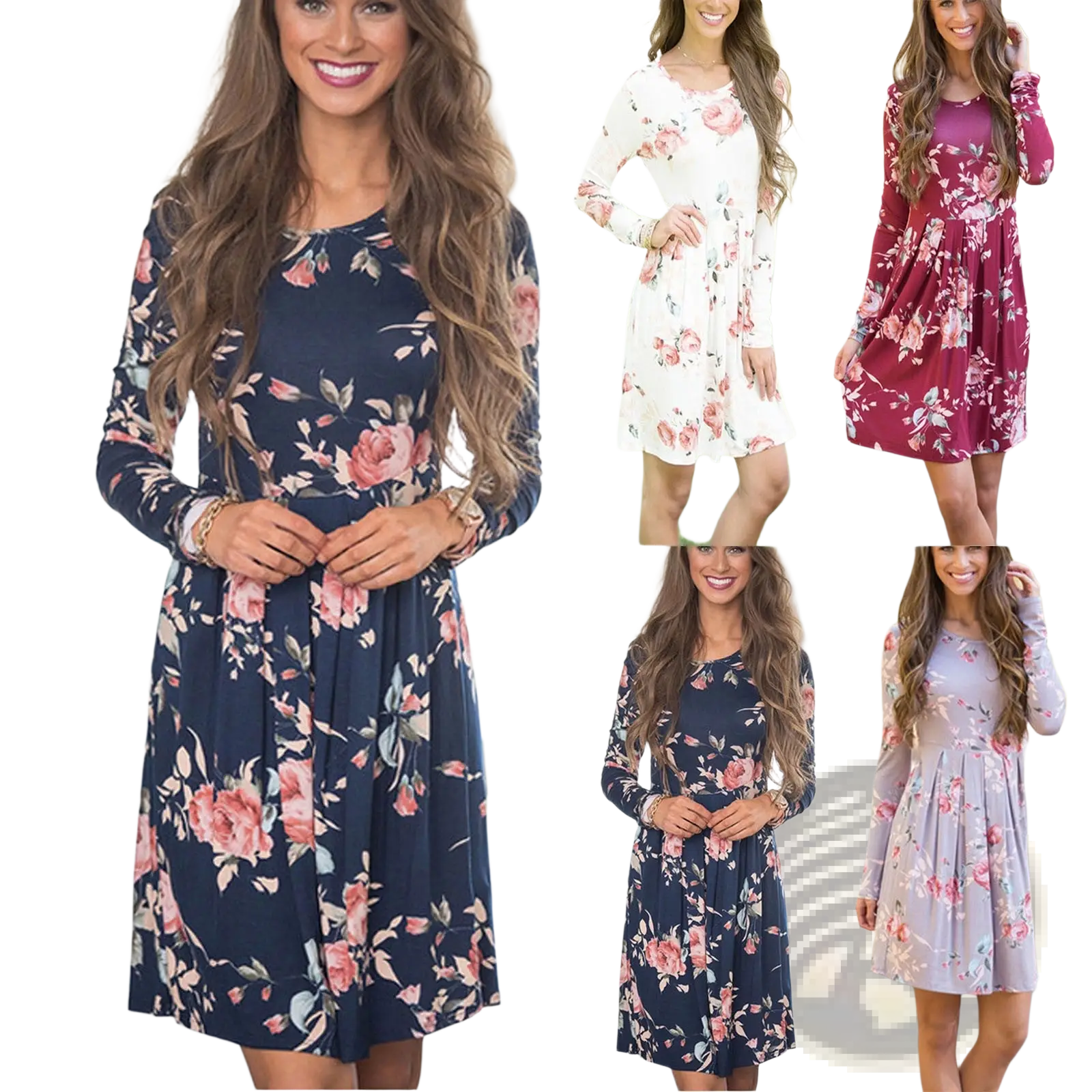 Long sleeve floral a-line high waist midi dress in navy with pink and green rose pattern on lightweight fabric